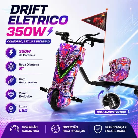 Triciclo Drift Elétrico Infantil 350W Bluetooth Amortecedor Luz LED 3 Velocidades Freio Elétrico Até 100Kg 8.5 Pol E703