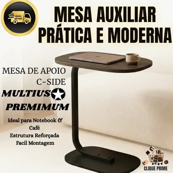 Mesa Lateral C Premium Multiuso p/ Notebook Sofá e Cama Suporte Prático para Trabalho e Lanche Home Office Preta