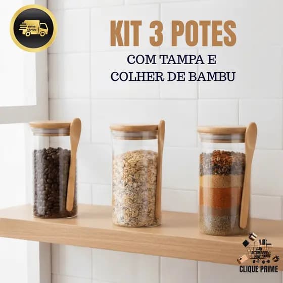 Pote De Vidro Redondo Tampa Bambu Hermético Com Colher 690ml
