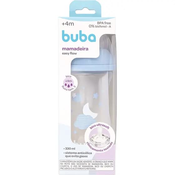 Mamadeira Easy Flow Anti Cólica Clássica Infantil Bebê 4 Meses Buba Fluxo 3 Intenso 330ml Nuvem