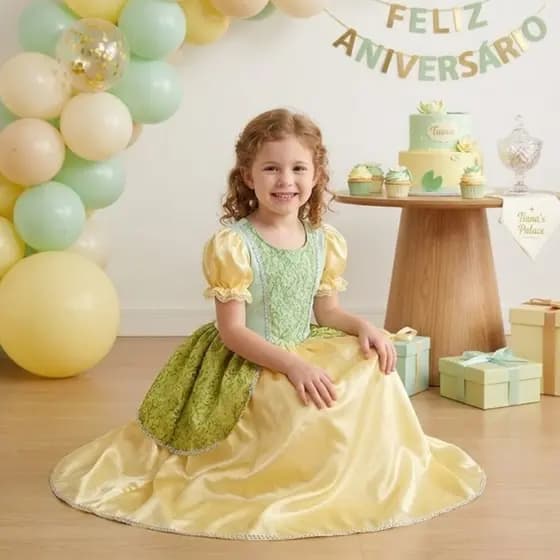 Vestido Longo Princesa Tiana Tiara Varinha Par de Luva Menina Filme Roupa Personagem Sapo Rã Festa