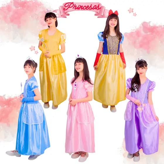 Vestido de Princesa Fantasia Menina Luxuoso Longo de Cetim com Kit Acessórios Luvas Coroa Varinha