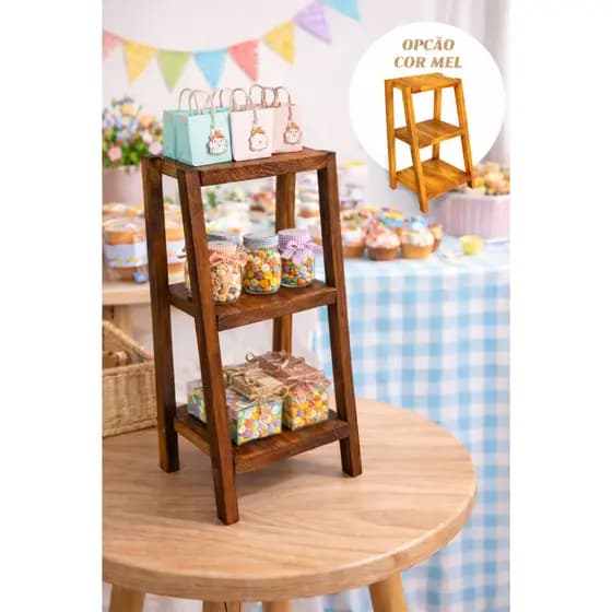 Escadinha de Madeira 3 Andares para Exposição de Doces e Lembrancinhas Vitrine Festas e Decoração