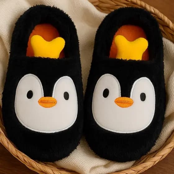 Pantufa Infantil Fechada Antiderrapante Pinguim Quentinha Inverno Quente e Confortavél