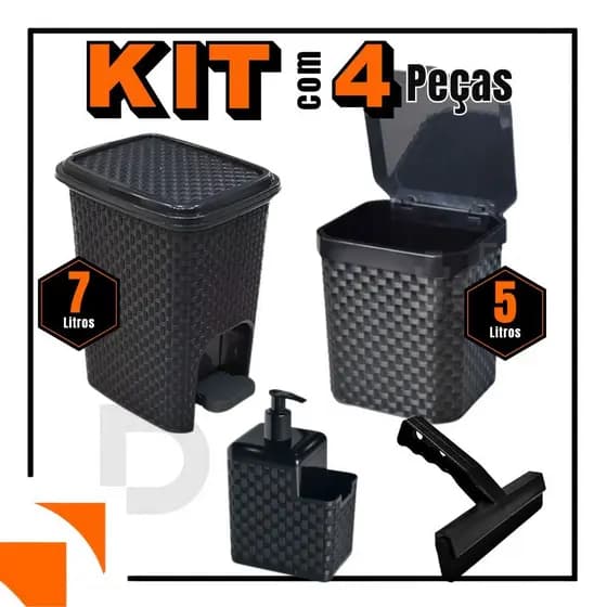 Kit Lixeira Pia 5 Litros + Lixeira 7 Litros c/ Pedal + Porta Detergente Sabão + Rodinho de Pia Kit C