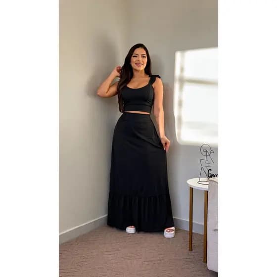 Conjunto Cropped e Saia Cropd De Alcinha Babado Com Bojo Tendencia Moda Feminina Verao