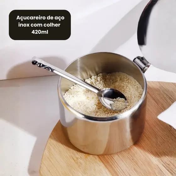 Açucareiro de aço inox com colher 200ml e 420ml