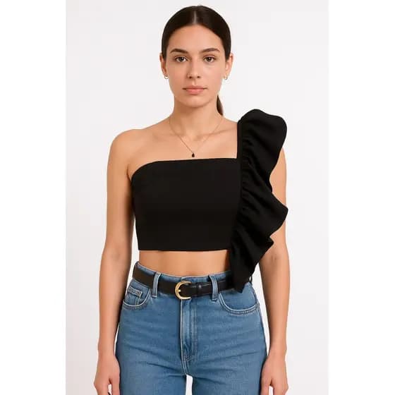 Cropped Feminino Com Bojo Em Alfaiataria Um Ombro Só Detalhe Em Babado Com Amarração Atrás