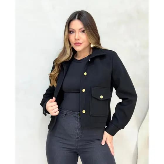 Jaqueta Feminina Lã Batida Casaco Curto Sobretudo Botões Dourados Bolsos Frontais Manga Longa Inverno Outono Elegante
