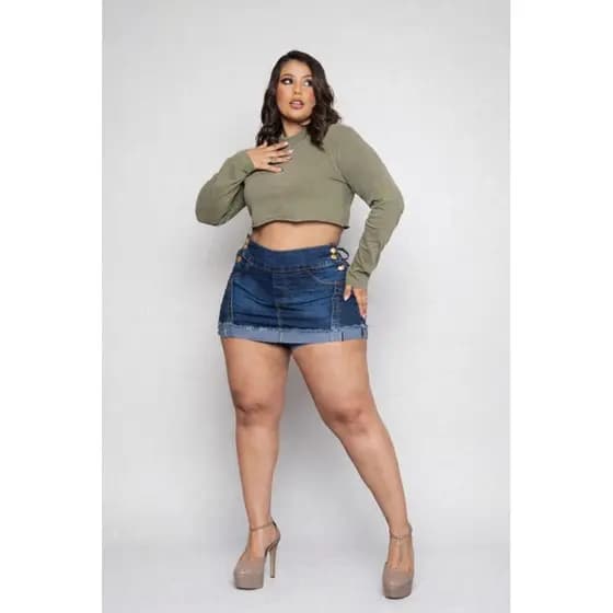 Short Saia Curto Jeans Botão Lateral Cintura Alta Confortável Plus Size Moda Feminina Blogueira Tendência Verão Barra