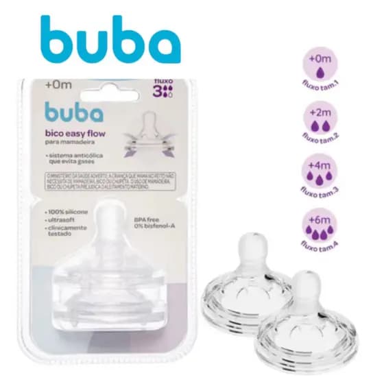 Kit 2 Bicos Buba Easy Flow para Mamadeira – Fluxo 1, 2, 3 ou 4 com Anticólica,BPA Free e ultrasoft