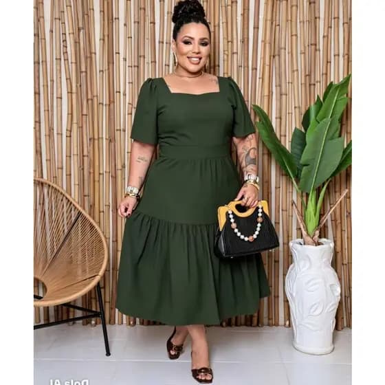 Vestido Midi Feminino plus size Manga Curta Bufante Tecido Sensorial Eventos Casuais