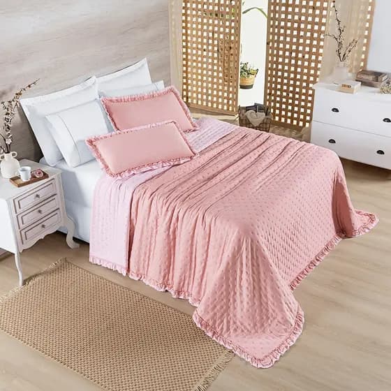 Kit Cobre Leito 200 Fios Super Soft Dupla Face 3 Peças Babadinho Colcha Alice Casal Padrão,Queen e King