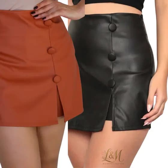 Kit 2 Short Saia Couro Feminino Com Zíper Lateral Botões Courinho