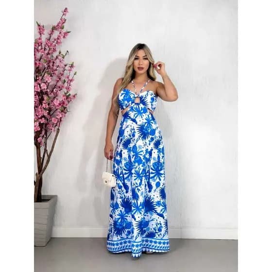 Vestido Longo Feminina Estampado Sem Manga Cintura Alta Verão Com Bojo