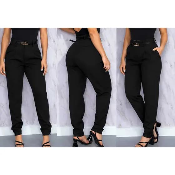 Calça Feminina Alfaiataria Modelo Cenoura Com Cinto Tendência Blogueira Elegante