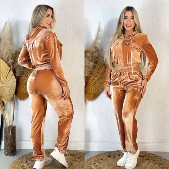 Conjunto 2 Peças Veludo Cristal Feminino Com Capuz Ziper Calça Com Bolso Frio Outonio Inverno