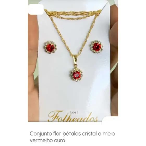 kit Colar e Brincos Flor De Petalas Vermelhas