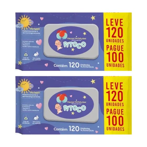 Kit 2 Toalha Umedecida Pitoco Contém 120 unidades 16,5 cm x 12 cm Cada - CIMED