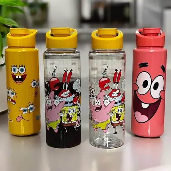 GARRAFA SQUEEZE 750ML COM ALÇA BOB ESPONJA/PATRICK STRELA E TURMA DO BOB