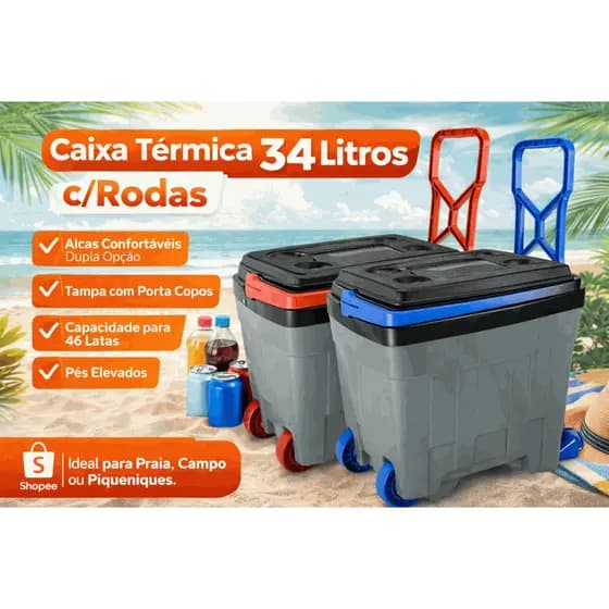 Caixa Térmica 34L com Rodas e Alça Reforçada | Cooler Portátil com Porta-Copos para Praia e Viagem Camping Cerveja Refri