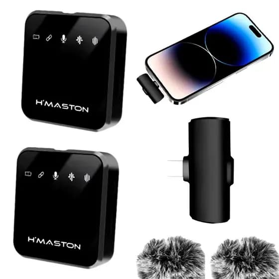 Microfone Lapela H'MASTON MK15 iPhone - Anti-Vento + Redução Ruído + Duplo Sem Fio