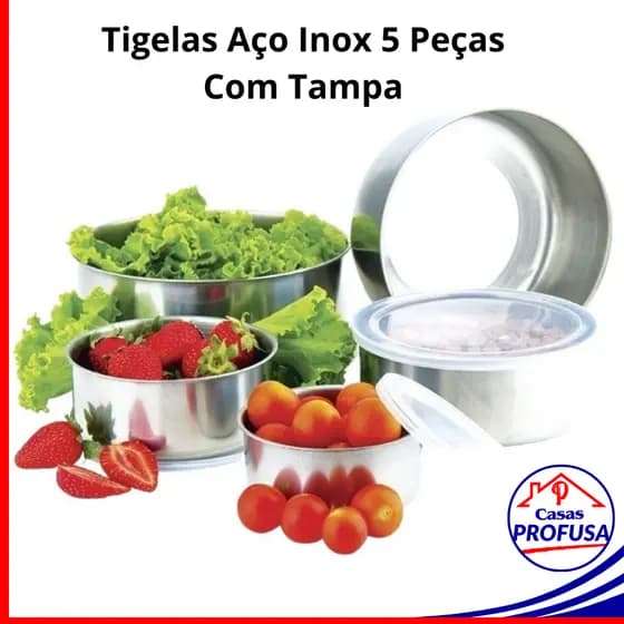 Conjunto Jogo Tigelas Aço Inox Kit 5 Peças Pote Multiuso Redondo Com Tampa Cor Alumínio Resistente