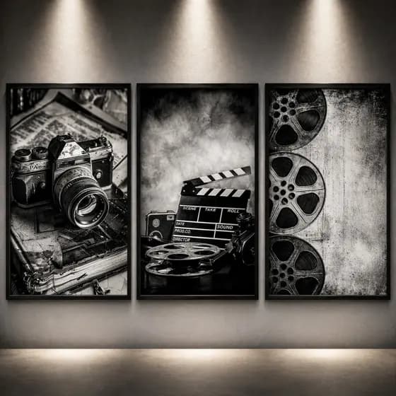 Kit 3 Quadros Decorativos Cinema Vintage Preto e Branco com Moldura Preta – Quadros Modernos para Sala e Escritório