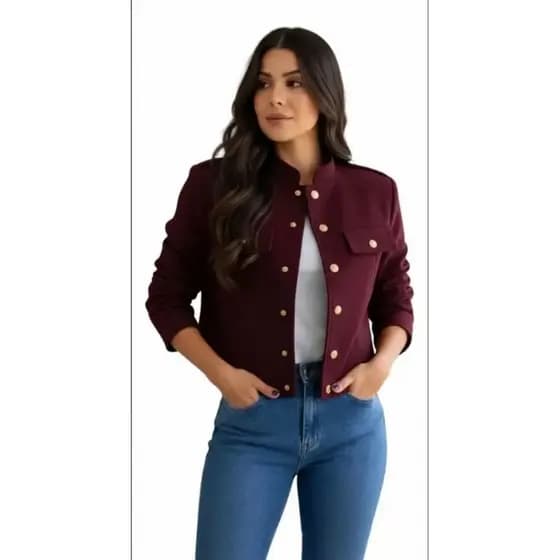 Jaqueta Feminina Lã Batida Botões dourado Casaco De Inverno