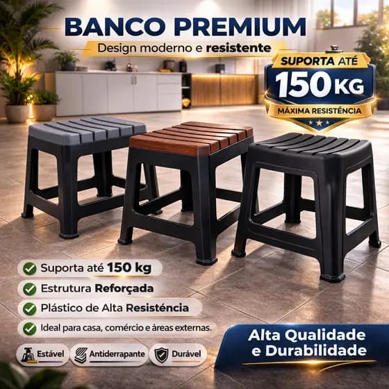 Banqueta Plastica Reforcada Preto Alto Suporta Ate 150kg Banquinho Ideal Para Bar e Churrasco