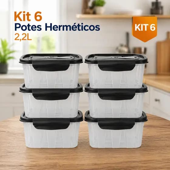 Kit 6 Pote Marmita 2,2L Com Travas Laterais - Livre de BPA Alimentos Organização
