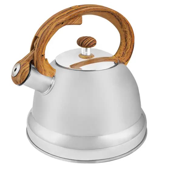 Chaleira aço Inox com Apito Ferve Rápido Fogão Gás Indução Elétrico Hercules Alça Amadeirada 2L