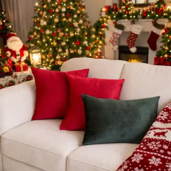 Kit 3 Capas de Almofada Decorativa de Natal Zíper Invisível Vermelha e Verde Aveludada Premium