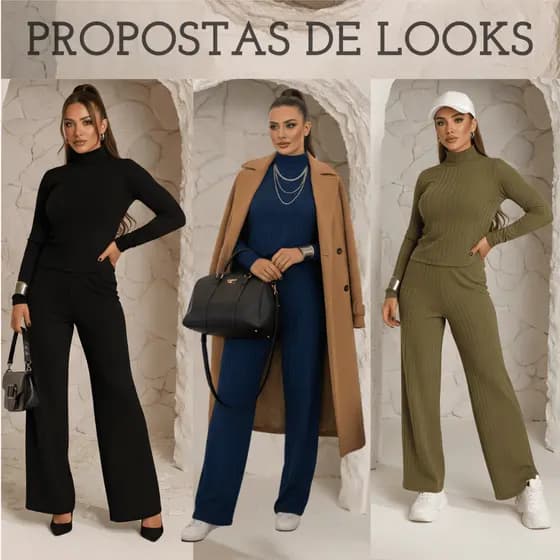 Conjunto Feminino Blusa Cacharrel Manga Longa Gola Alta e Calça Pantalona Meia Estação Inverno Elegante Casual Chic