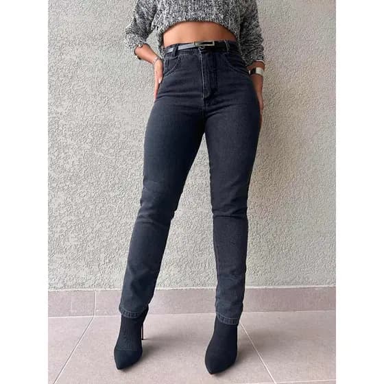Maisbonitomoda 8110 com cinto Calça Jeans Mom Feminina Sem Elastano Bolsos Reais calca preto