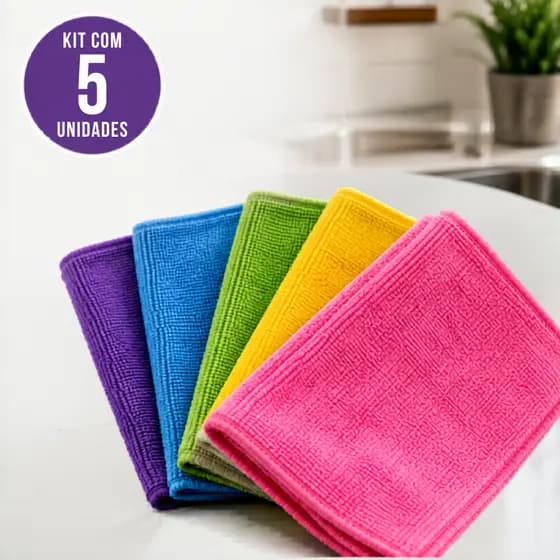 Pano Microfibra Flanela Kit 5 Un 30x30cm Multiuso Limpeza Doméstica Pia Vidro Cores Aleatórias
