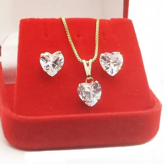Colar + Brinco Coração Ponto De Luz 50 Cm Banhado A Dourado 18k kit Colar Feminino Folheado a Prata