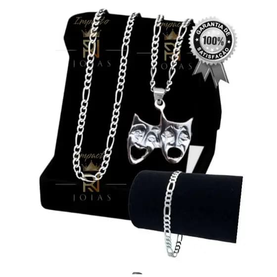Corrente Masculina Mais Pulseira Banhada Prata Com Pingente Chora Agora e Ri Depois Dia dos Pais Presente RN0006