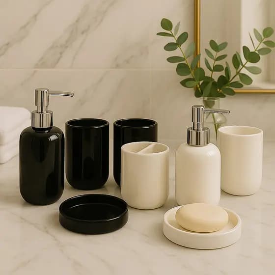 Kit Jogo de Banheiro Lavabo Porcelana 4 Pçs Decoração Dispenser Sabonete Líquido Porta Escova Dente