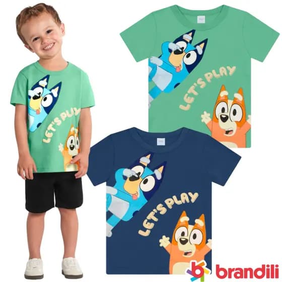Camiseta Infantil Menino Estampa Bluey Puff Relevo Manga Curta 100% Algodão Confortável e Macio cor Azul/Verde Premium