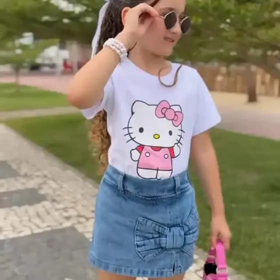 Shorts Saia Infantil Jeans Menina detalhe Laço moda blogueirinha