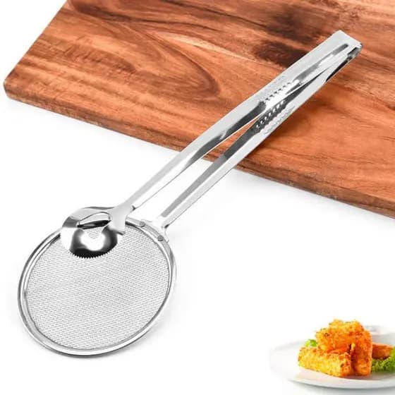 Escumadeira Para Fritura C/pegador Em Inox C/Pinça E Peneira