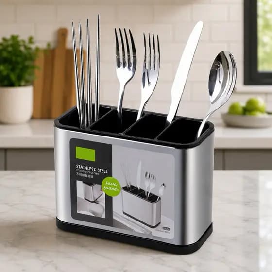 Escorredor e Porta Talheres 4 Divisões Pia Silver Inox 18x13cm Cor Aço Brilhante Premium Lavável