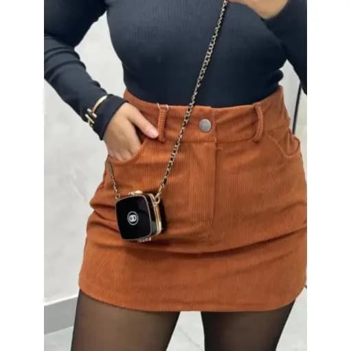 SAIA - Feminina Veludo Cotelê Curta Cintura Alta Elegante Moda Inverno Casual com Bolsos