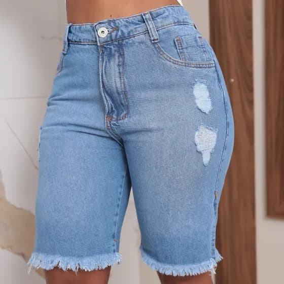 Bermuda Jeans Feminina Jorts Cintura Alta 100% Algodão Barra Desfiada Shorts Jeans Shorts Ciclista