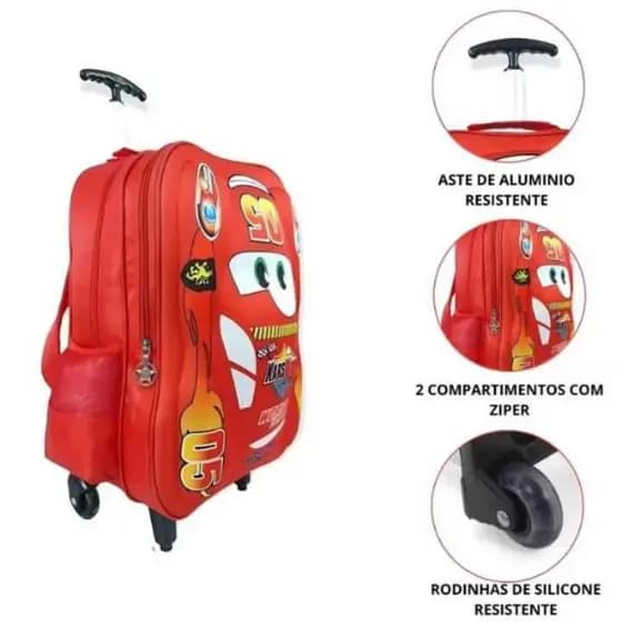 Mochila rodinha escolar meninos Mcqueen 3D alto relevo do Carros.