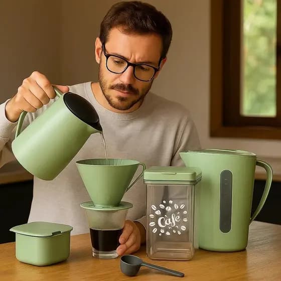 Kit Café 6 Peças Verde Filtro Pote Coador Garrafa Colher Pegador Açúcar Jarra Achadinhos