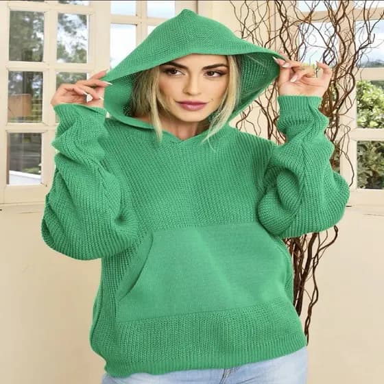 Trico blusa moletom tricot comcapuz e bolsos feminina novo