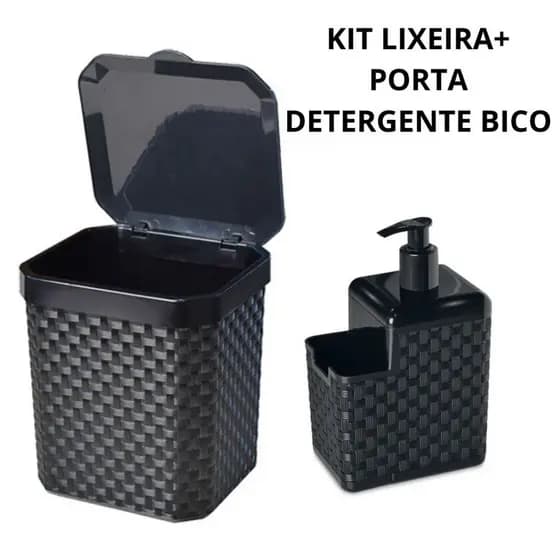 Kit 2 PÇS Lixeira de Pia Rattan 5L + Porta Detergente Com bico 500ml