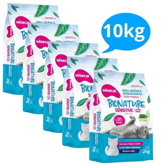 Kit 5 Unidades Areia De Mandioca Para Gatos Wisecat Bionature Sensitive Grãos Finos 2kg